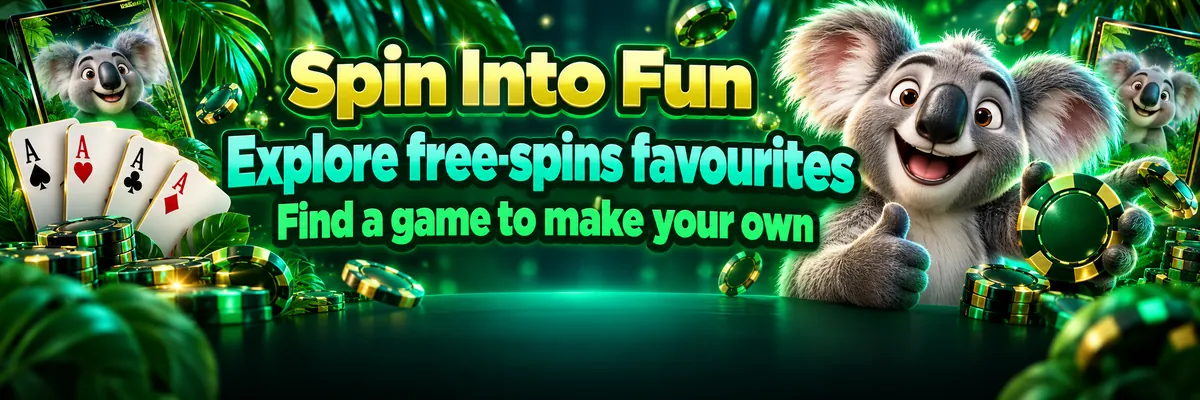 Kev smiles among playing cards and casino chips, with layered tropical leaves surrounding a free-spins feature.